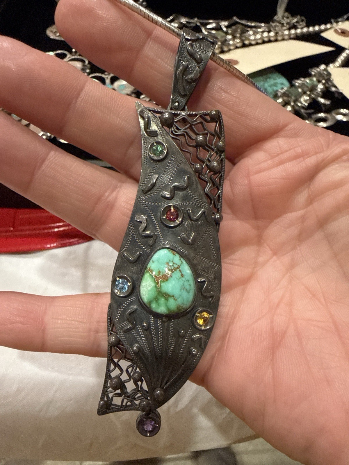 Vintage Artisan Bib Necklace Silver Turquoise Gemstone Boho Tribal Statement