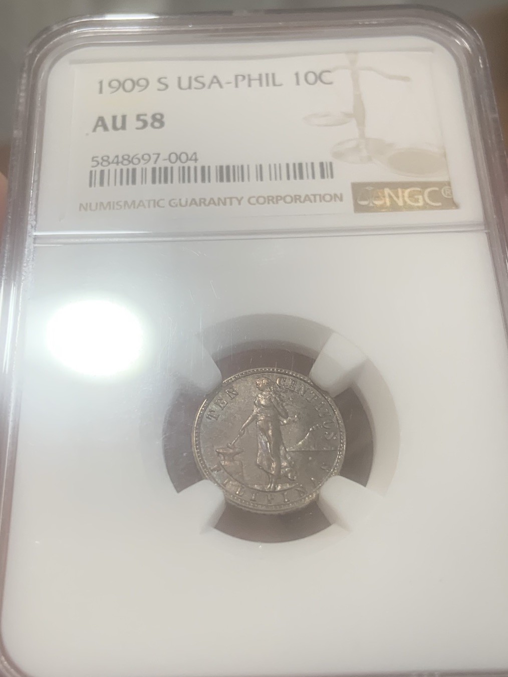 1909 S US-Philippines Silver 10 Centavos NGC AU-58 Key Date Mintage: 312,199