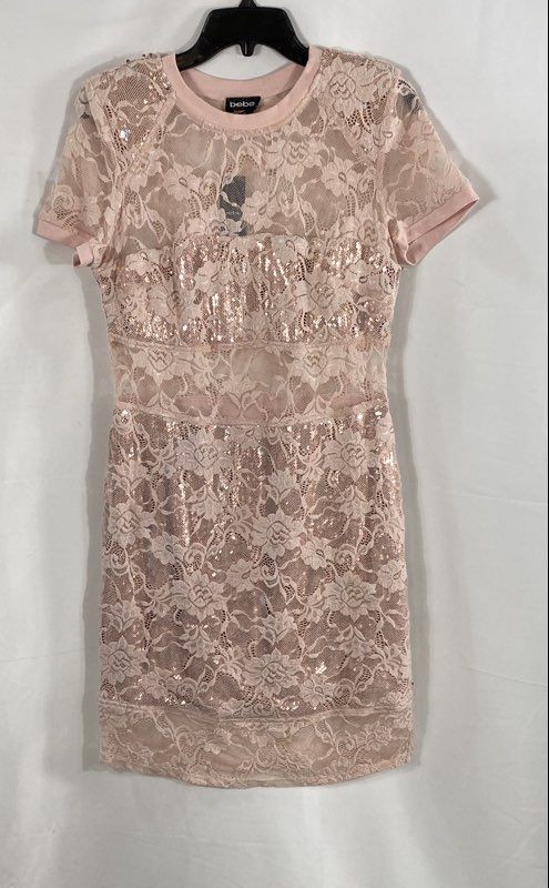 Bebe Women\'s Sepia Rose Lace Sequin Tee Dress Pink Floral Bodycon Sz L NWT