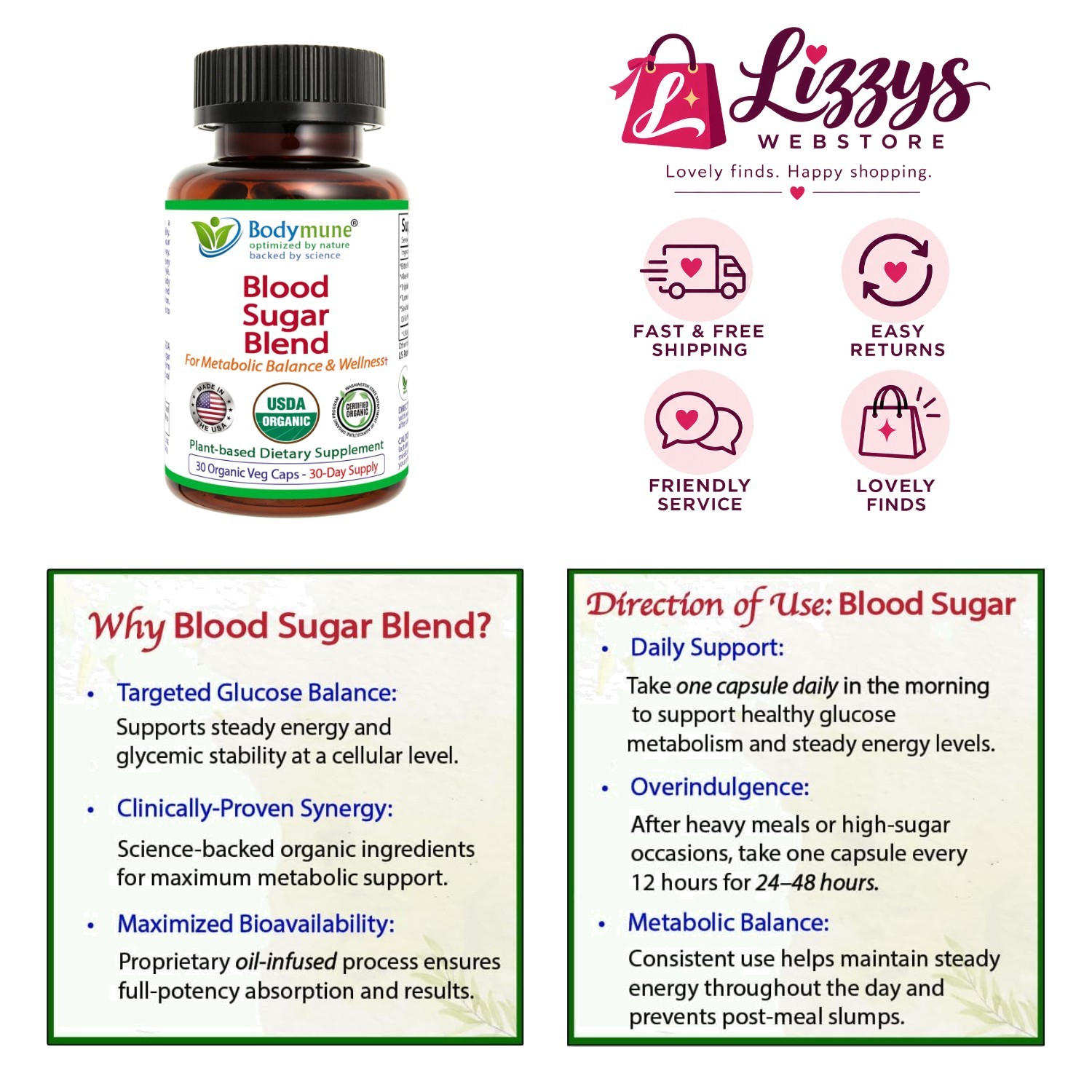 Blood Sugar Support Supplement - 30 Caps with Organic Moringa & Cinnamon