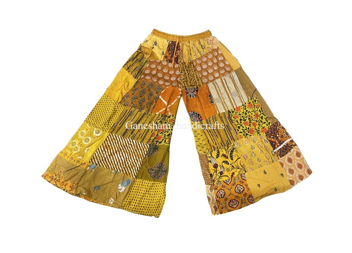 Indian Vintage Rayon Patchwork Wide Leg Hippie Boho Gypsy Palazzo Pants Trouser