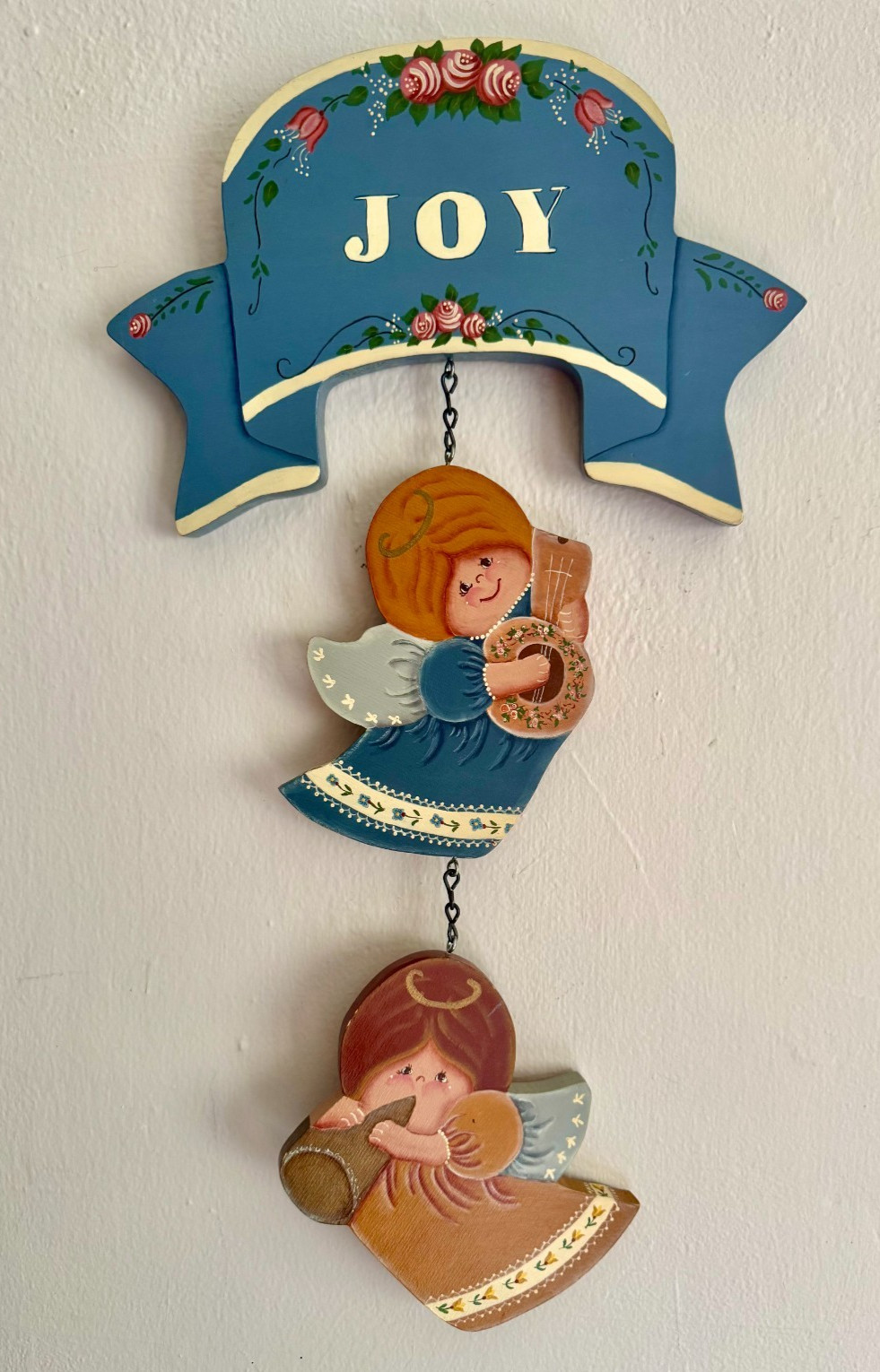 Vintage Hand Painted Wooden Christmas JOY Angel Wall Hanging, Cottage Core Tole