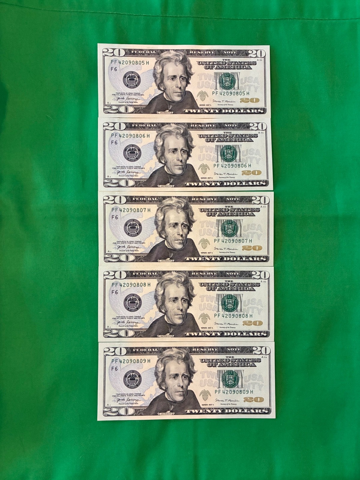 CRISP UNCIRCULATED TWENTY DOLLAR BILLS 2017A $20 SEQUENTIAL NOTES LOT of 5 $100 CRISP UNCIRCULATED TWENTY DOLLAR BILLS 2017A $20 SEQUENTIAL NOTES LOT of 5 $100