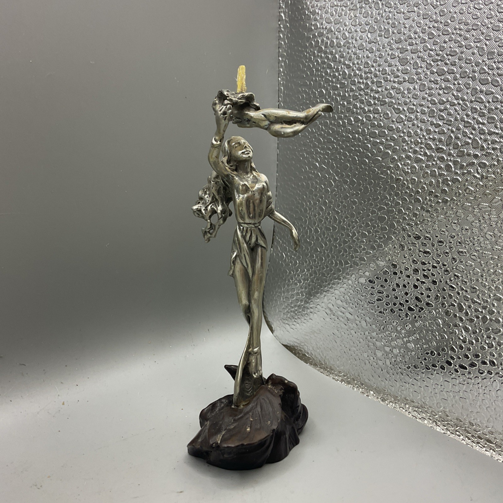vintage fantasy pewter figurine of a fairy holding a child 6”