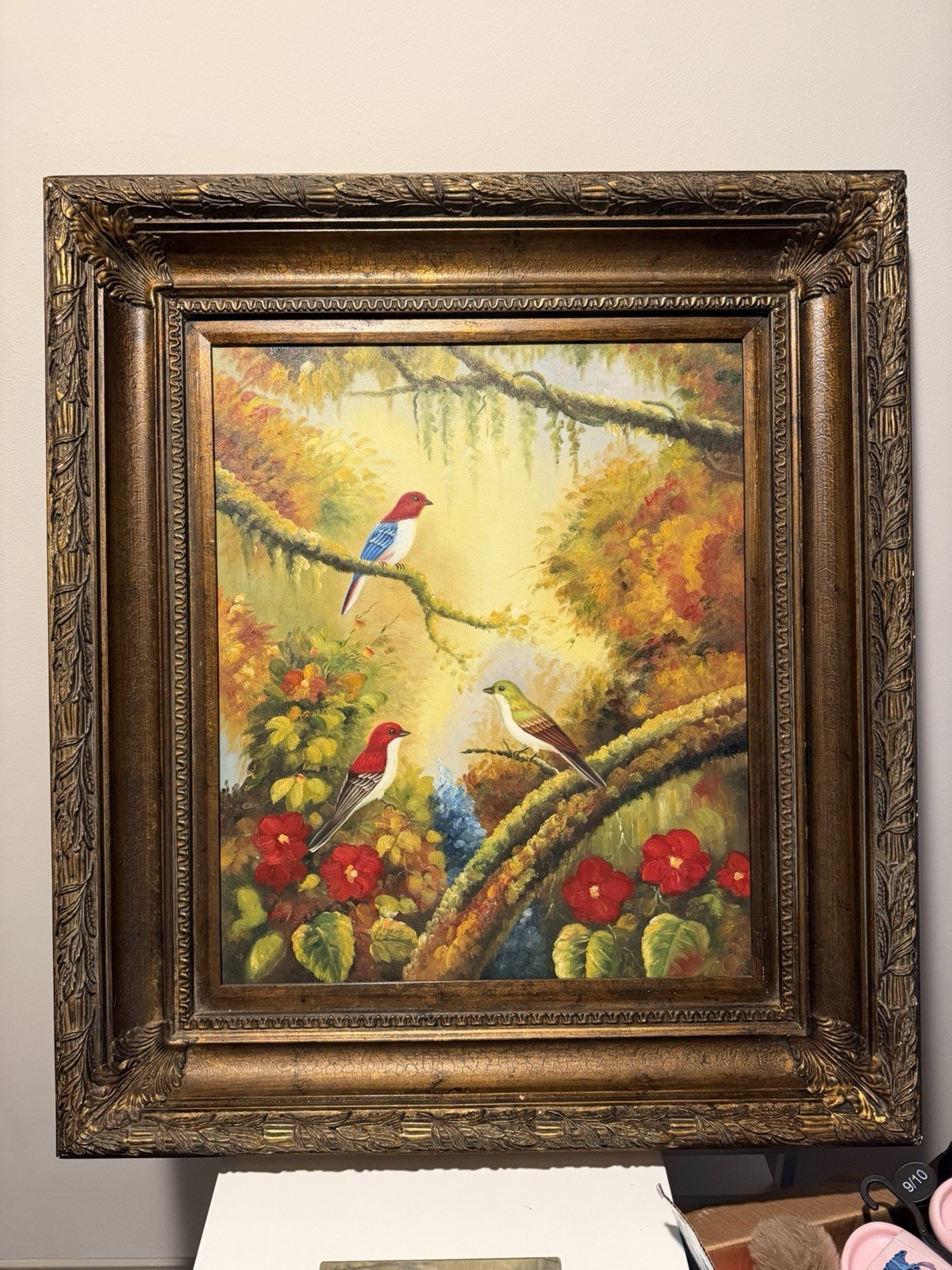 Vintage Original Oil Painting Canvas Birds Signed Cindy Ornate Gold Frame 34x32