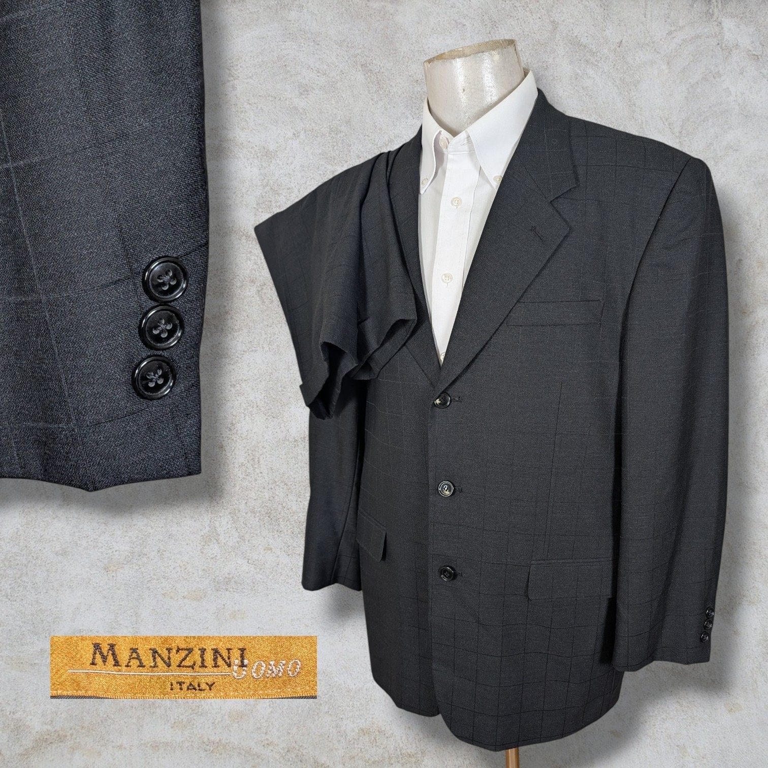 Manzini Uomo 2 Piece suit Mens 44R Pants 38x28 Black Grid Check Wool 3 Button