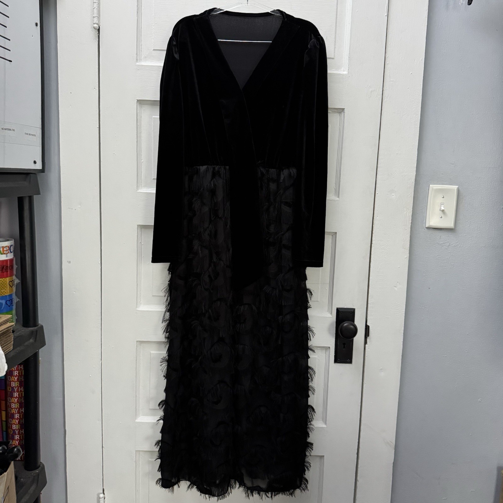 SHEIN XL Black Velvet Faux Wrap Maxi Dress Fringe Burnout Long Sleeve