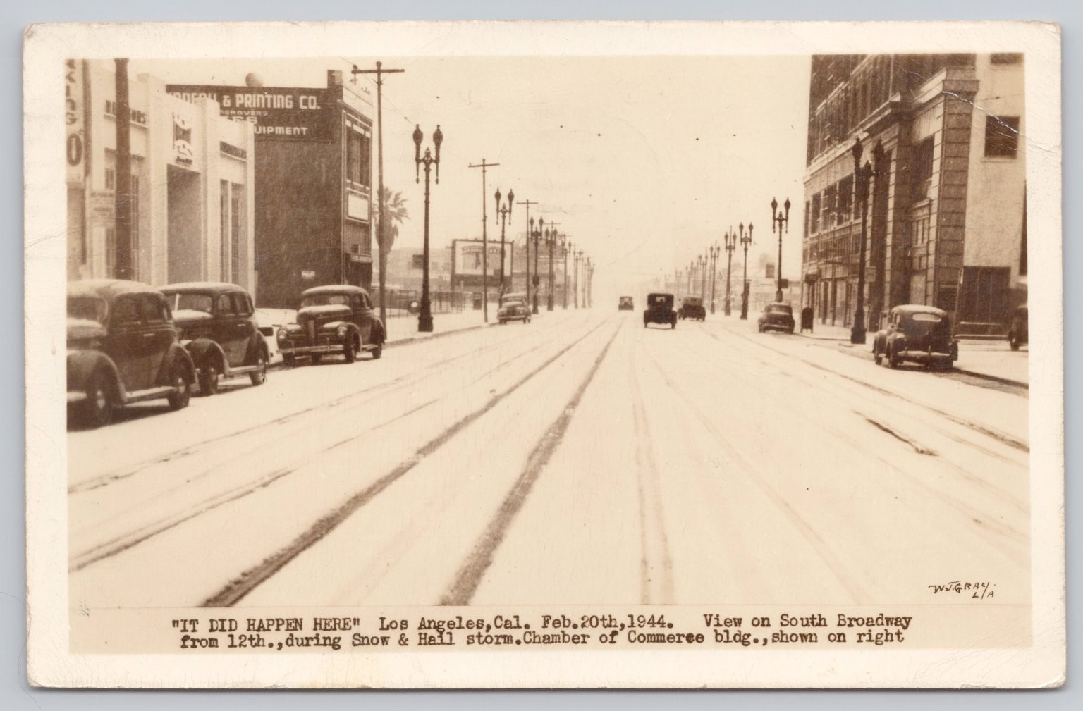 1944 Los Angeles Snow Storm RPPC South Broadway Rare Weather Postcard