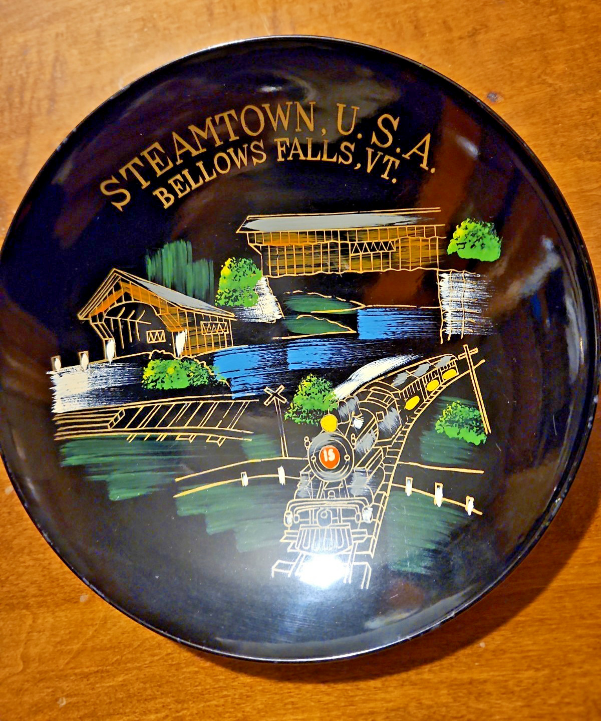 STEAMTOWN U.S.A. Bellows Falls VT. Hand Painted Black Bowl TRAIN,COVERED BRIDGES