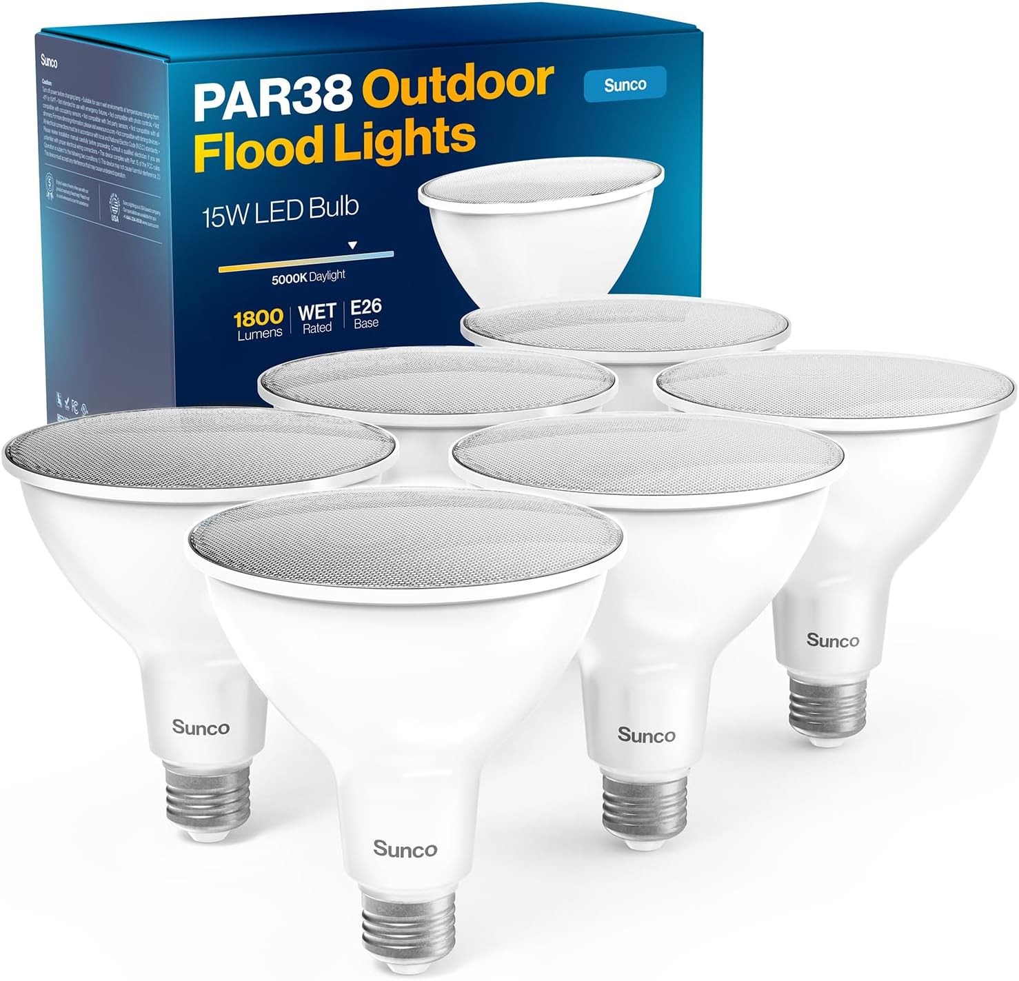 Sunco 6 Pack PAR38 LED Flood Light Bulb, 15W=150W, Dimmable, Waterproof