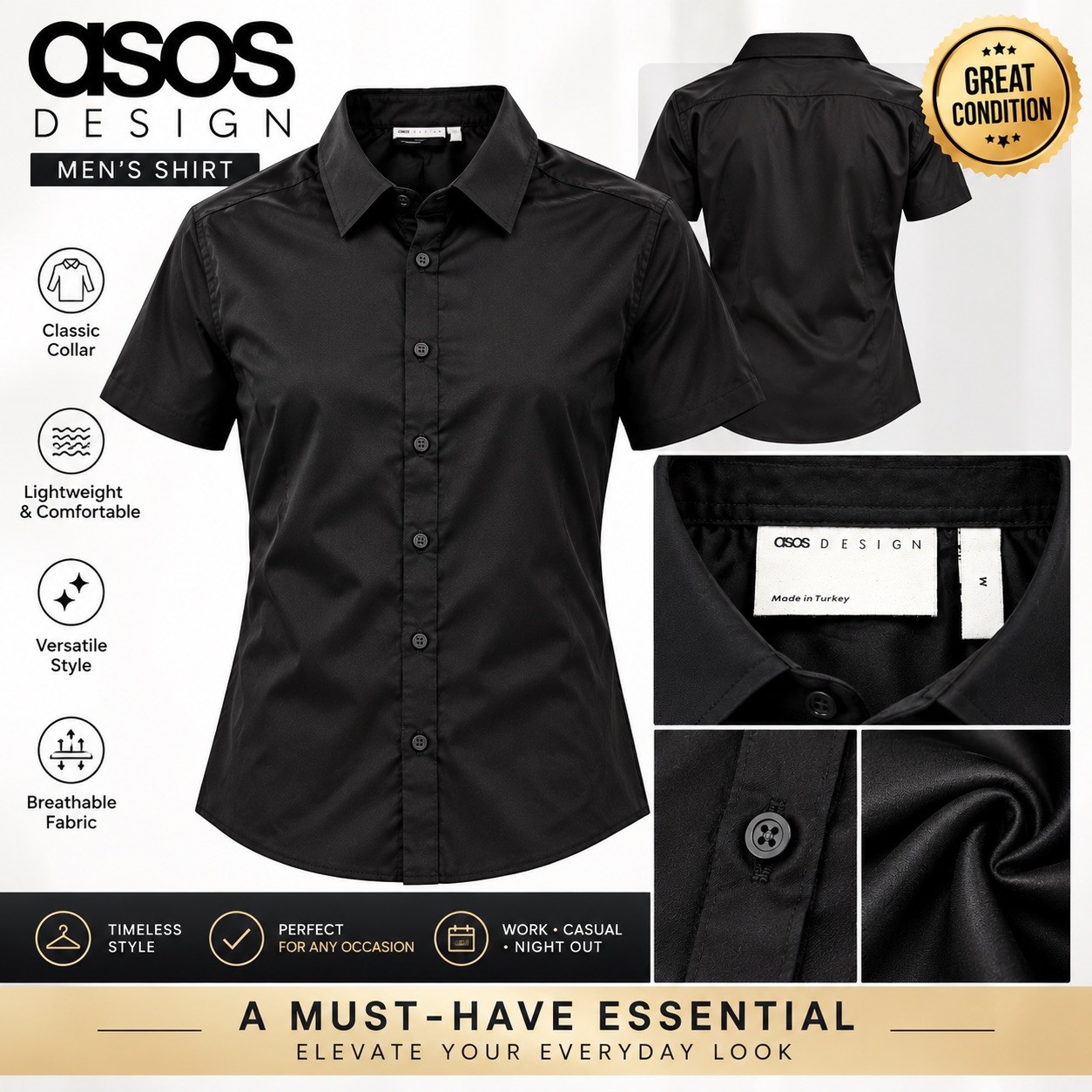 asos Design Black Short Sleeve Button Up - MEDIUM