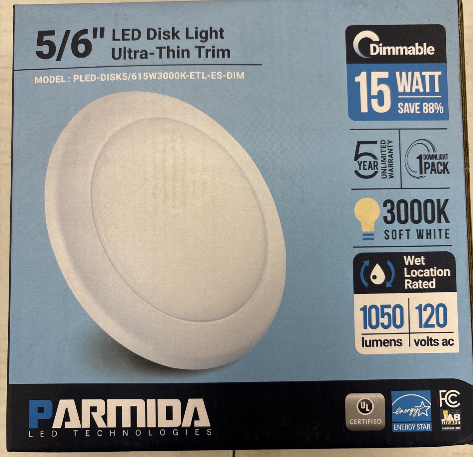 PARMIDA (12 Pack) 5/6 Inch Dimmable LED Disk Light Surface Flush Mount 15W 3000K