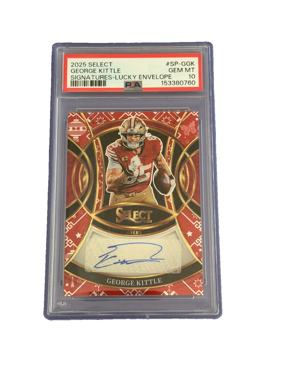 Panini 2025 Select George Kittle SP-GGK Signatures Lucky Envelopes /8 PSA 10 Panini 2025 Select George Kittle SP-GGK Signatures Lucky Envelopes /8 PSA 10