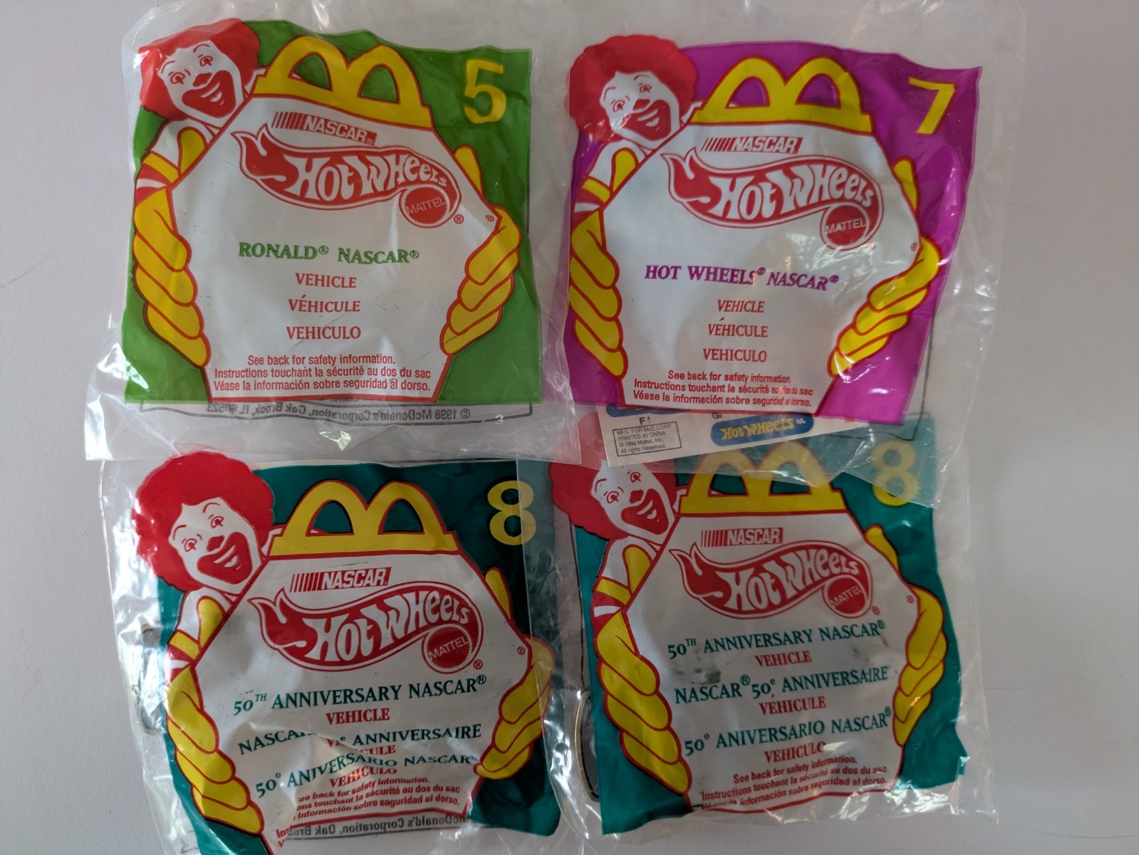 McDONALD’S 1998 HAPPY MEAL TOY HOT WHEELS NASCAR 5, 7, 8, 8, SET of 4 SEALED