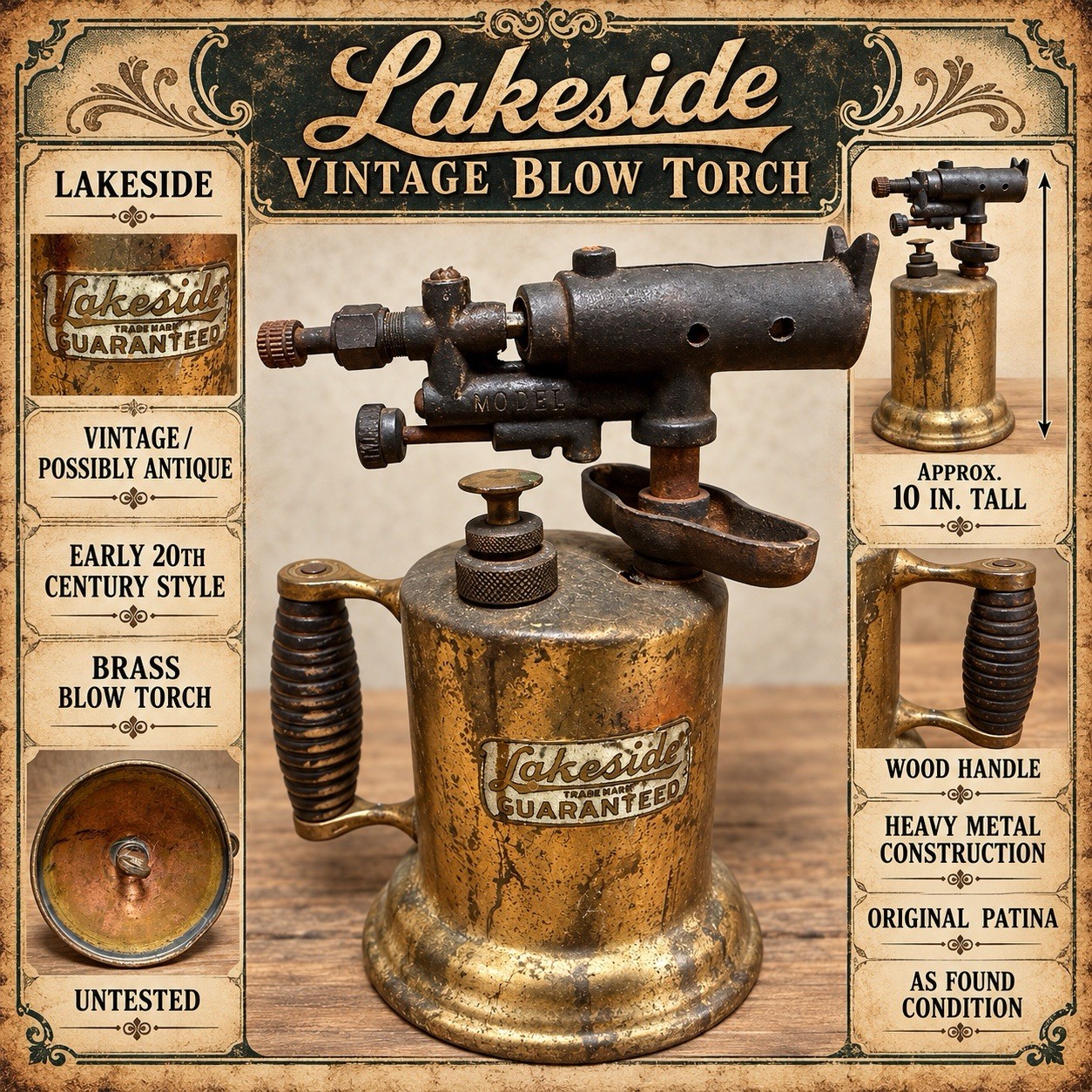 Antique Lakeside Brass Blow Torch Vintage Hand Pump Torch Tool Early 1900s