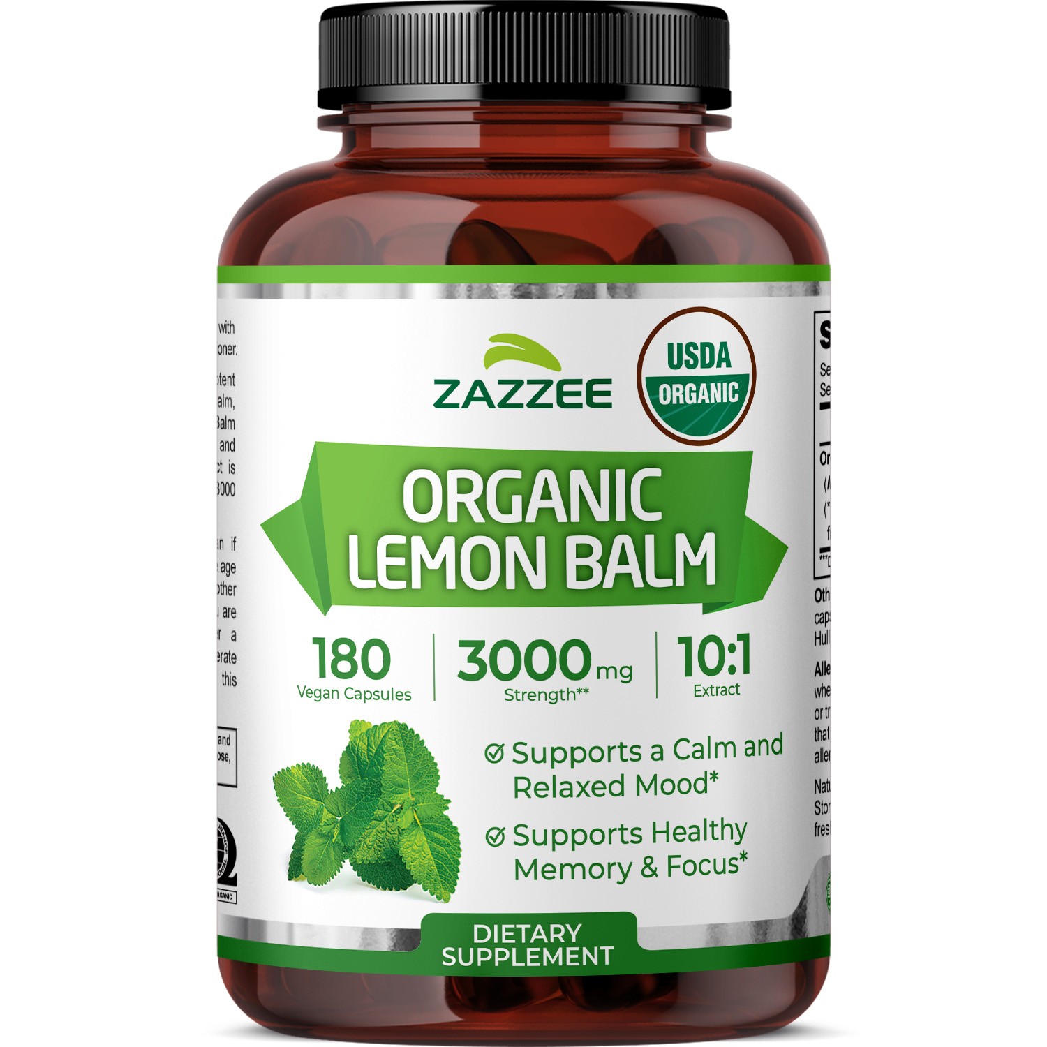 Zazzee USDA Organic Lemon Balm Extract 180 Count Vegan 3000 mg Strength