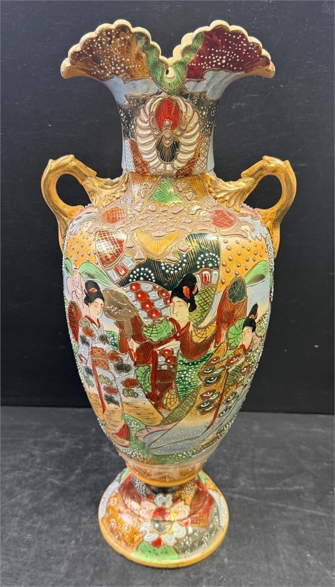 Vintage Estate Satsuma Style Hand Painted Double Handed Vase 8\