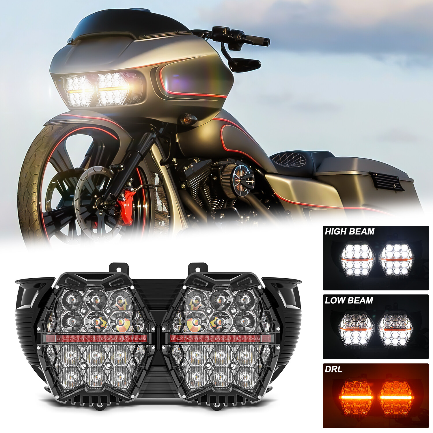 LED Halo Dual Headlight For Harley Road Glide FLTR FLTRX FLTRXS FLTRU 2015-2024