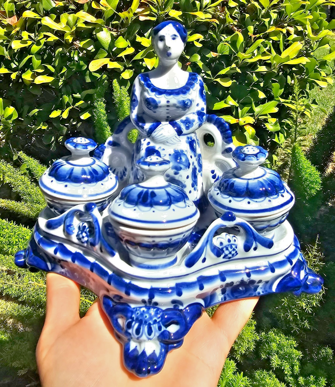 Vintage Gzhel Russian Hostess Spice Jar Set Hand-Painted Porcelain Stamped
