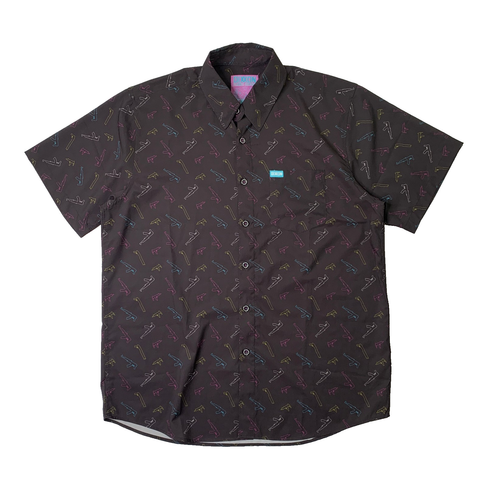 Dixxon Shirt Men L Large Black Pew Pew Firearm D-Lite Stretch Short Sleeve Party