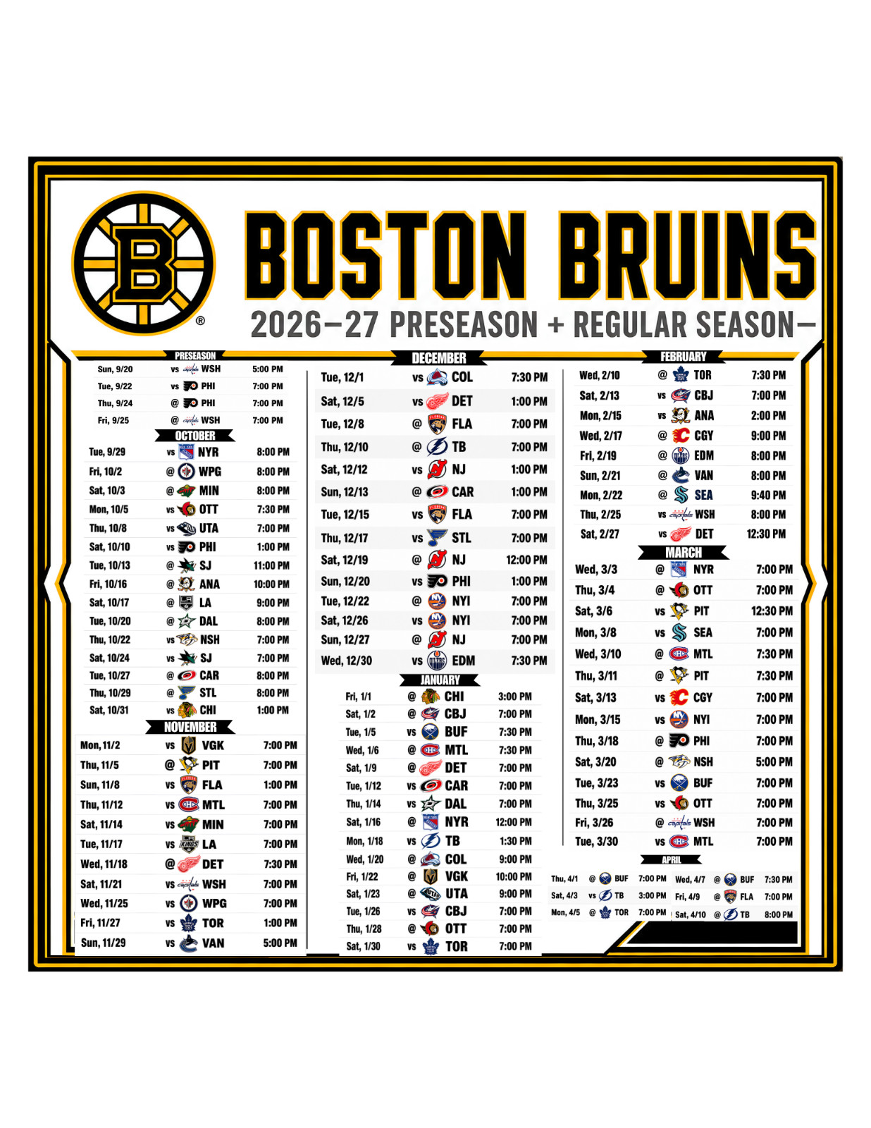 Boston Bruins Hockey Schedule  2026-27 Season LARGE Magnet (8x8 inches)
