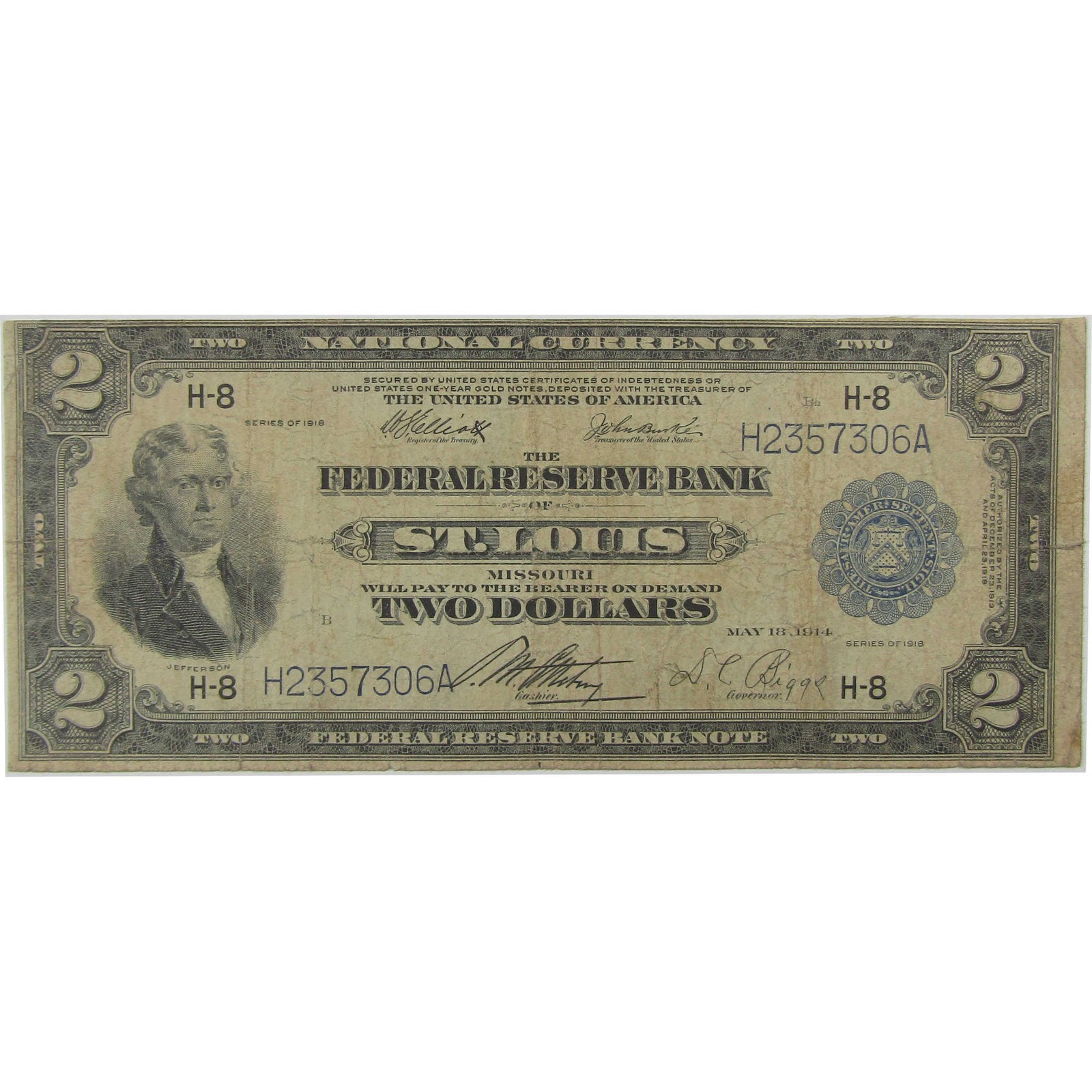 1918 $2 Federal Reserve Bank Note Saint Louis MO Very Good SKU:I23177 1918 $2 Federal Reserve Bank Note Saint Louis MO Very Good SKU:I23177