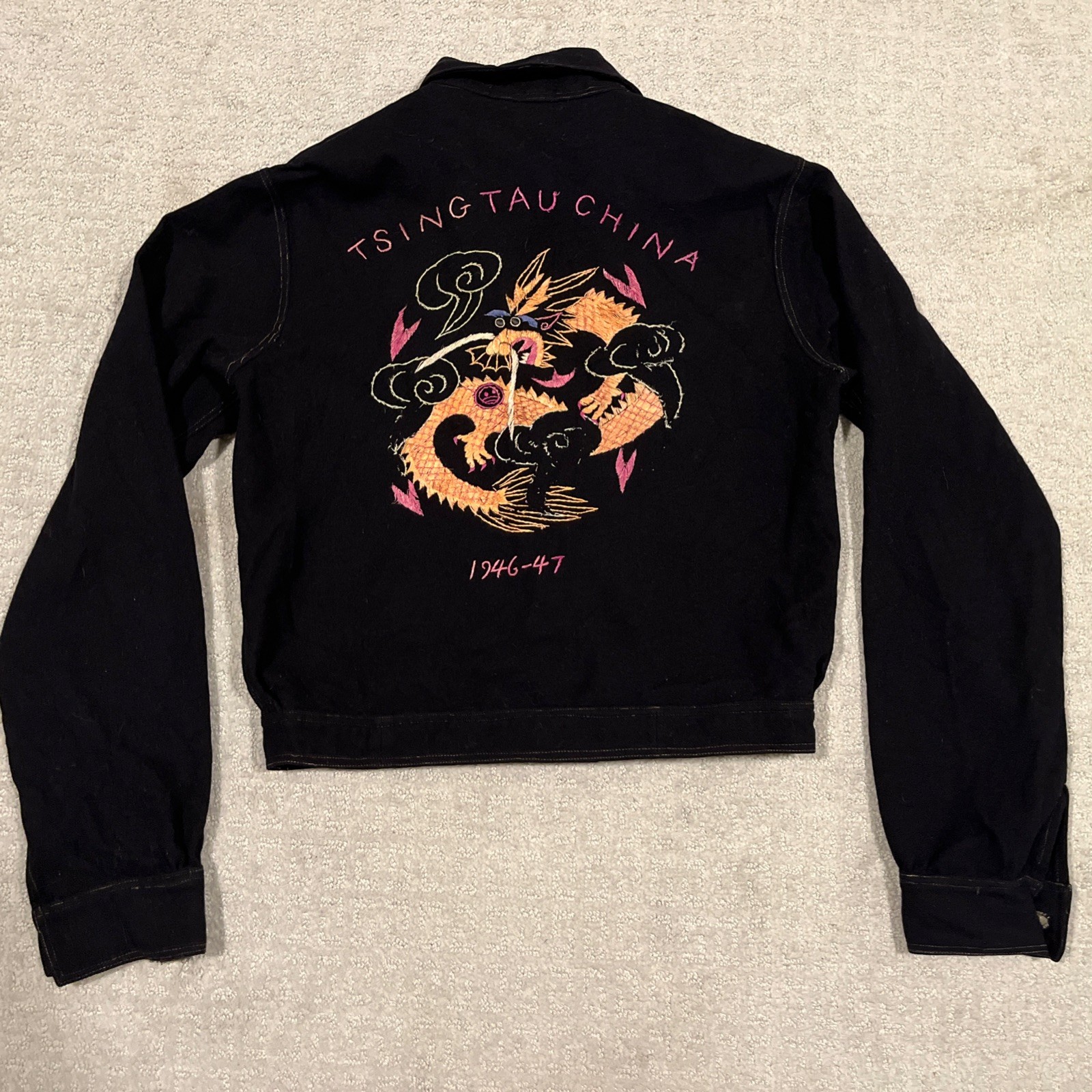 Vtg 40s Souvenir Jacket Wool Tsing Tau China Black Embroidered Dragon Vtg 40s Souvenir Jacket Wool Tsing Tau China Black Embroidered Dragon
