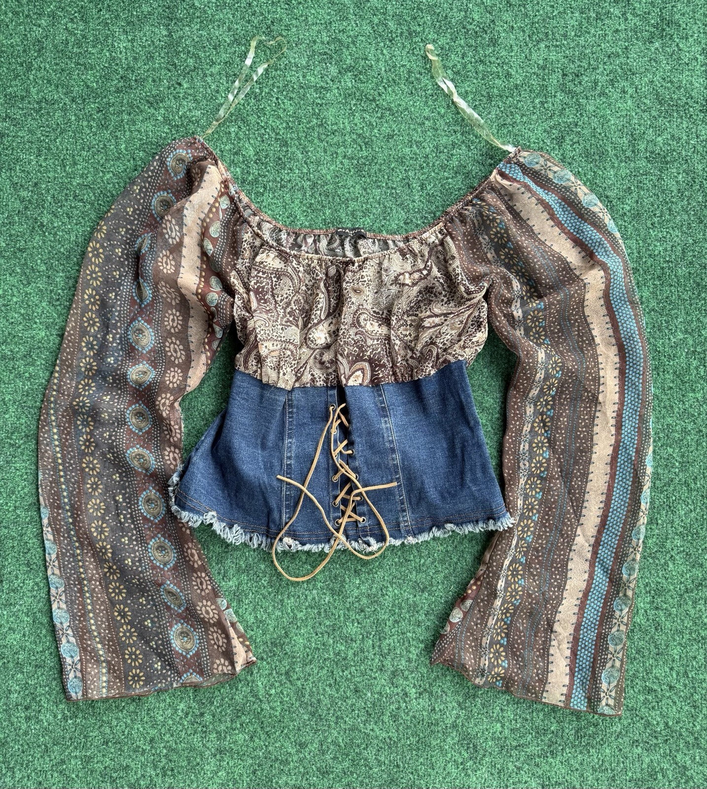 RARE Fang Made In USA Earth Paisley Patchwork Denim Corset Top Sagebrush Sz L