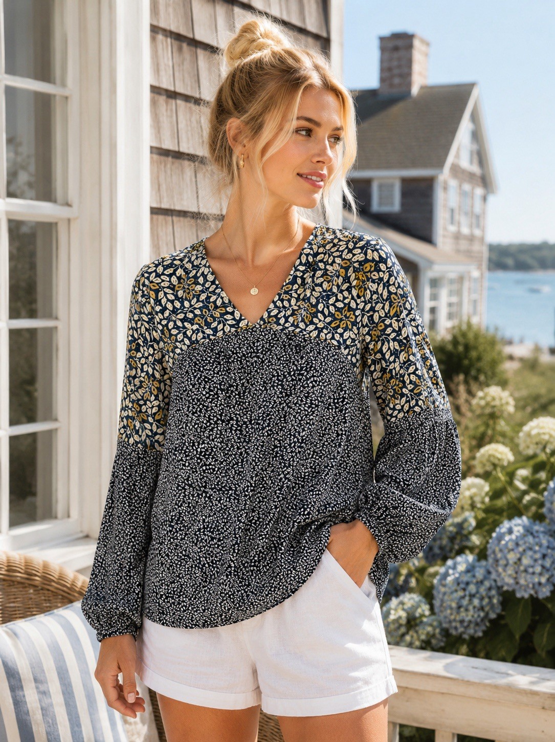 Anthropologie THML Women\'s M Blue Blouse Polyester Tunic Floral Peasant Boho