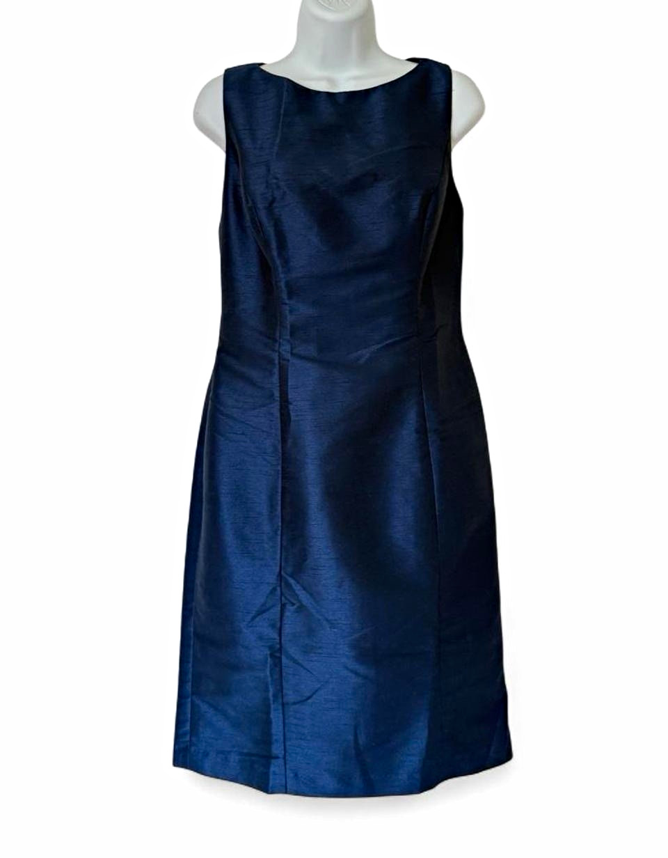 Alfred Sung Midnight Blue Dupioni Sheath Dress Bow Back Size 8 D516