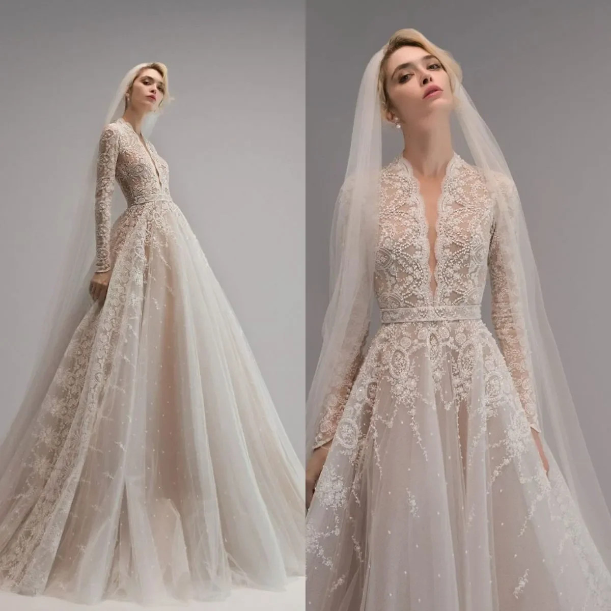 Elegant V Neck A Line Wedding Dresses Long Sleeve Lace Beaded Appliqued Bridal