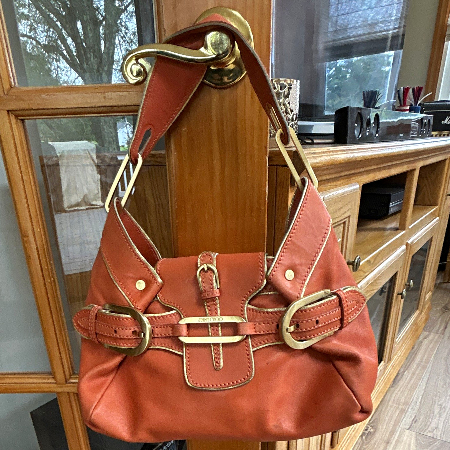 Authentic Jimmy Choo Tulita Orange Shoulder Bag Gold Hardware Top Buckle