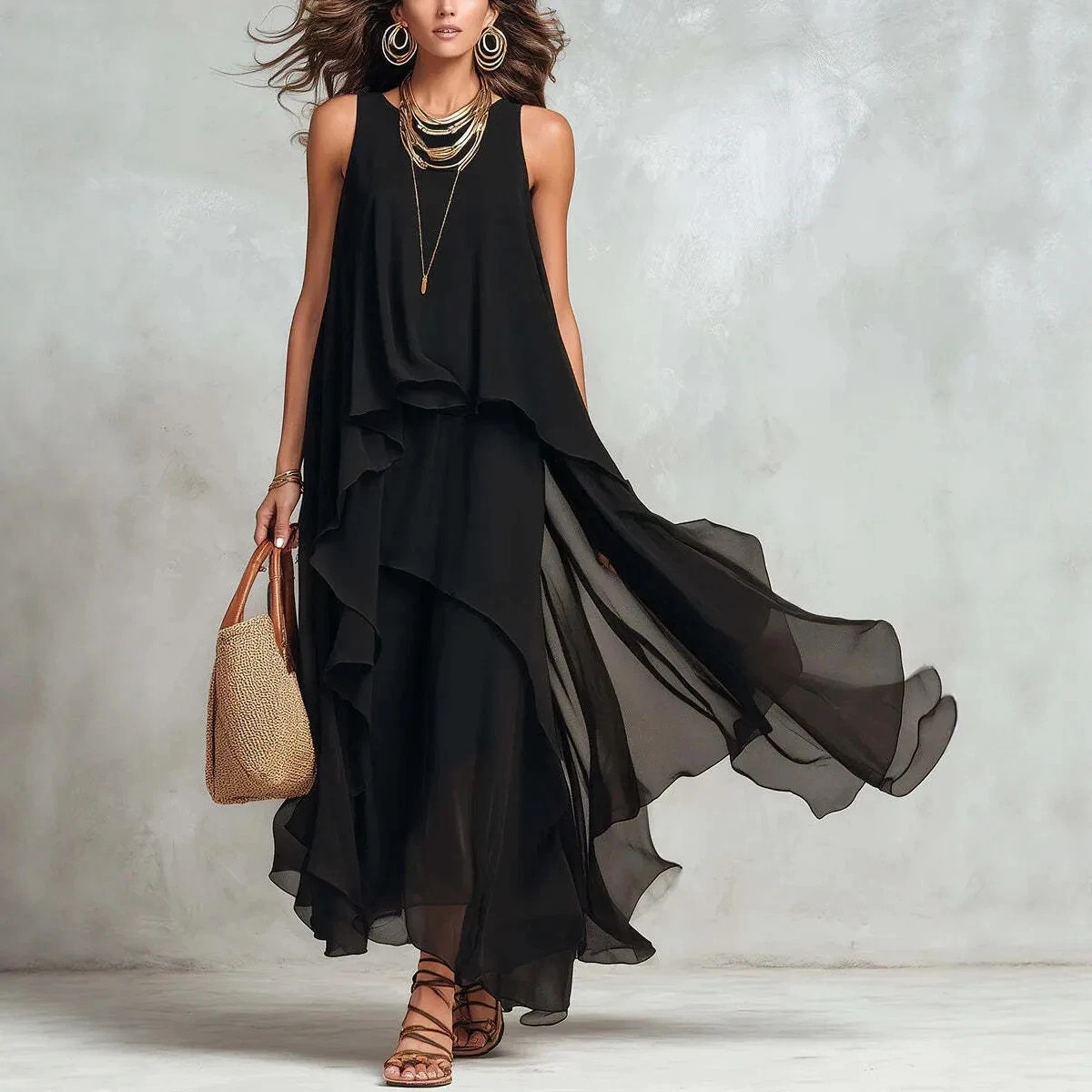 Women’s Black Chiffon Maxi Dress Sleeveless Evening Party Formal Wedding Guest