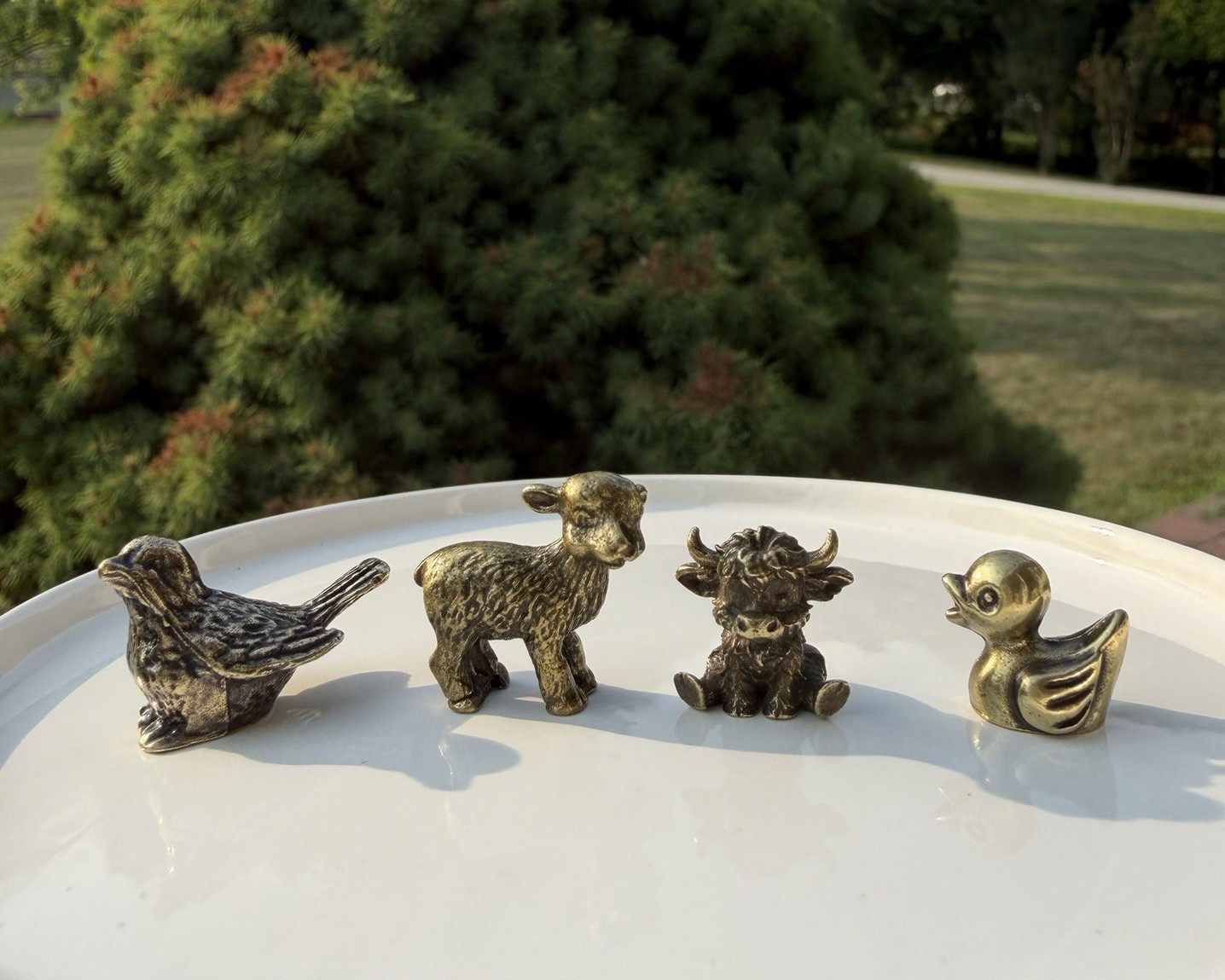 Miniature Brass Animal Figurines Set - Highland Cow, Lamb, Duck and Sparrow Miniature Brass Animal Figurines Set - Highland Cow, Lamb, Duck and Sparrow