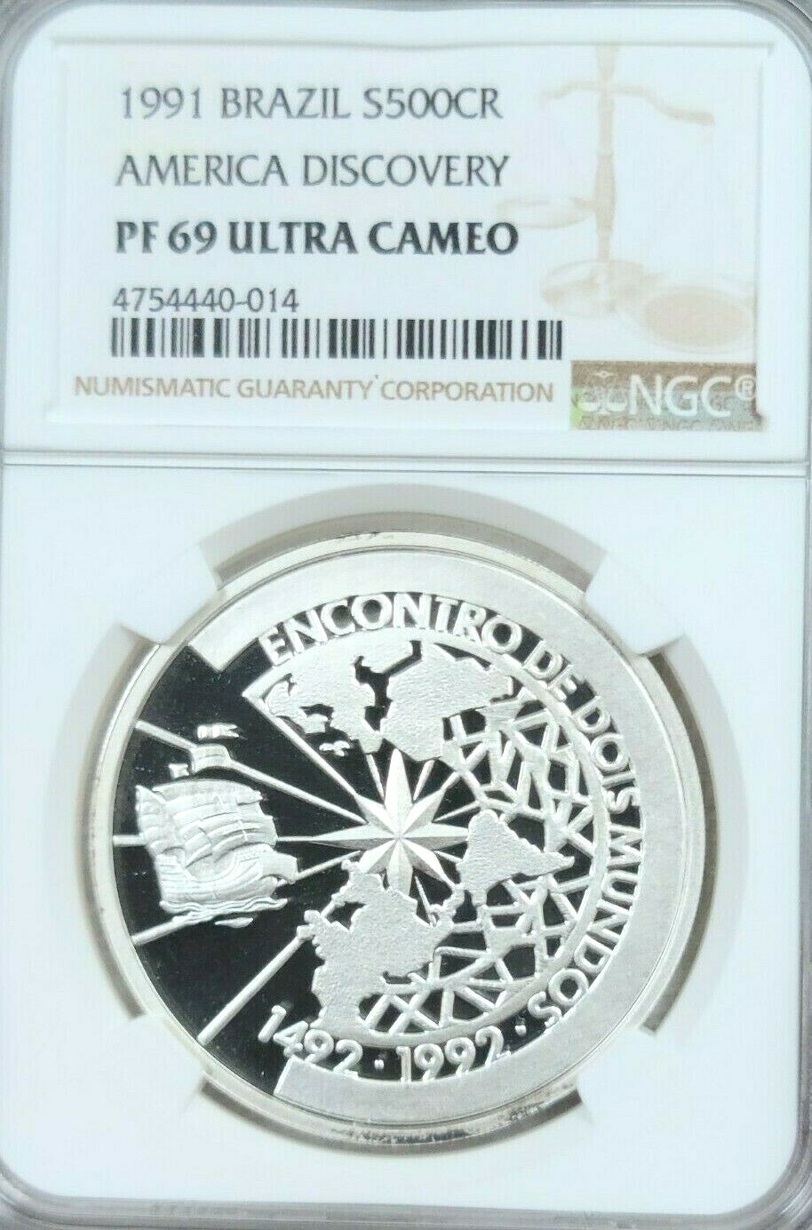 1991 BRAZIL SILVER 500 CRUZEIROS AMERICA DISCOVERY NGC PF 69 ULTRA CAMEO TOP