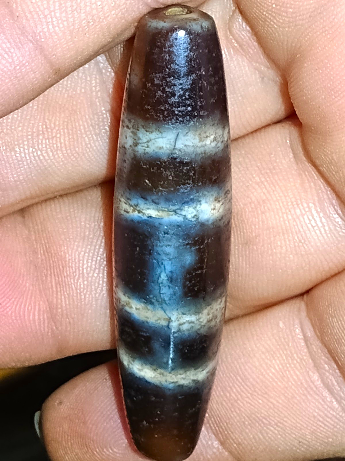 Pre-1800s Indo/Tibetan old Agate 4 Stripes Dzi Bead 57*13mm 16.1 grams 