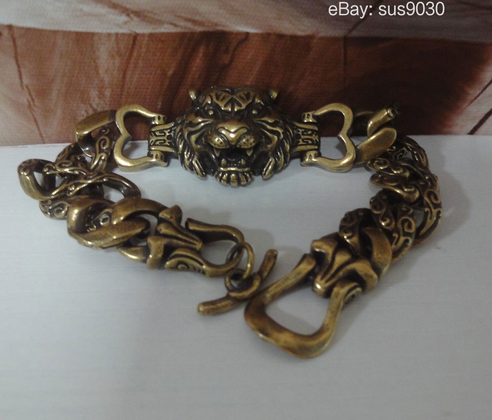 Vintage Tiger Head Men Bracelet: Solid Brass Copper Chain