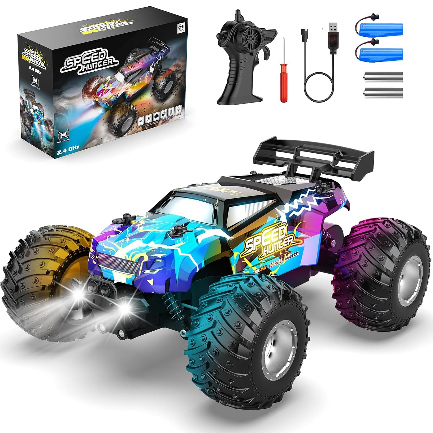 All Terrain Remote Control Car LED Lights 20 KM/H 2 Batteries RC Car for Boys