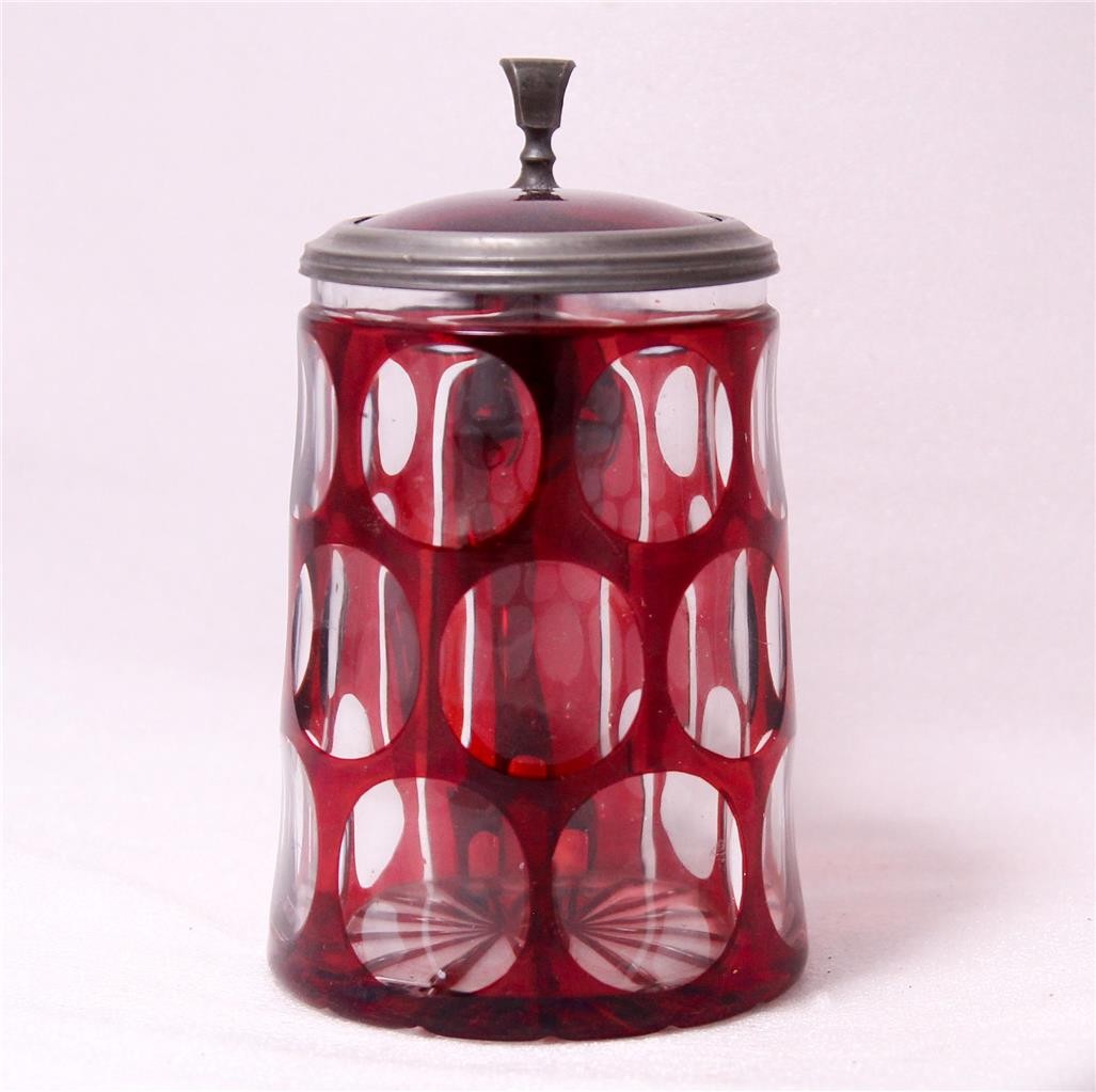 Antique German/Bohemian Glass Beer Stein Ruby Flashed and Circle Cut c.1860s