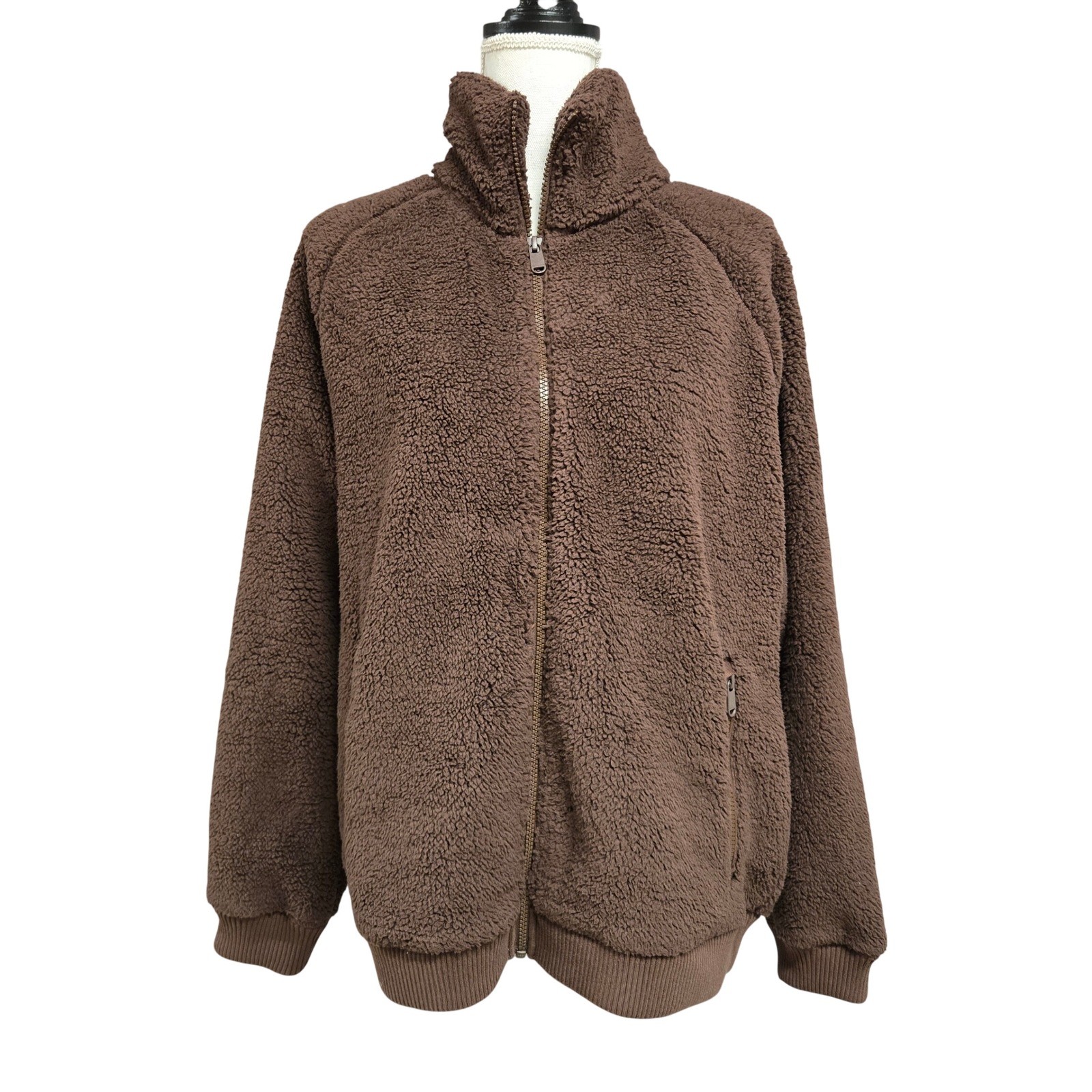 Athleta Tugga II Sherpa Fleece Jacket Brown Full Zip Teddy Coat Women\'s Size L