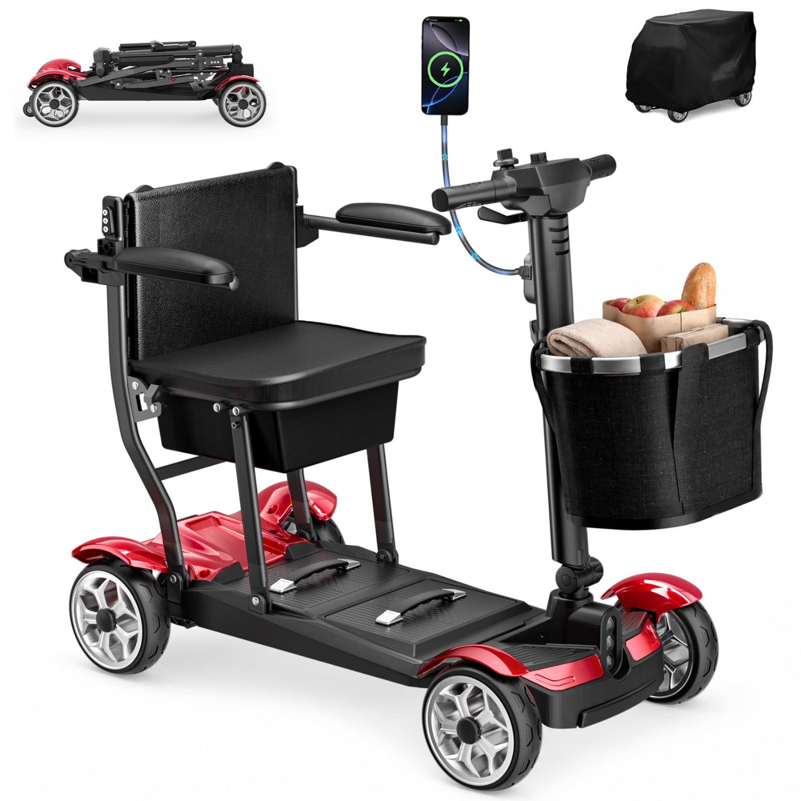 38LB Lightweight Folding Mobility Scooter 4 Wheel Travel Scooter 15/30Mile Range