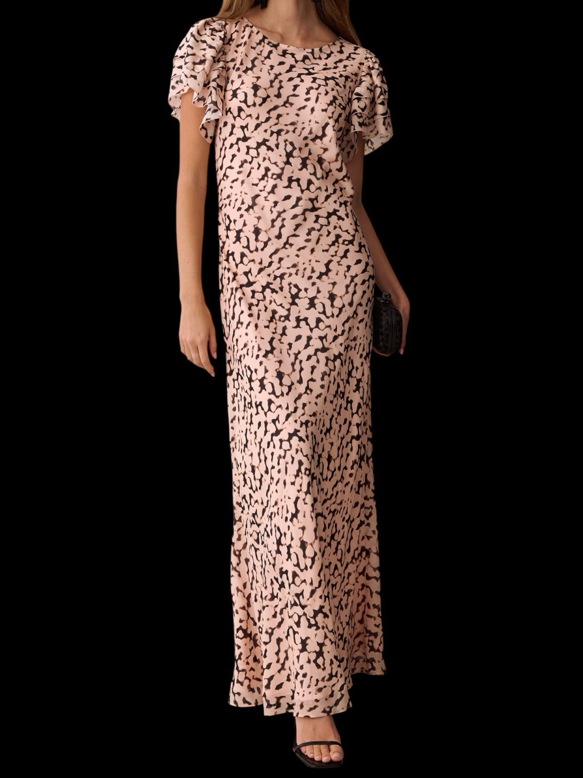 O.P.T. Few Moda Leonor Silk Dress Pink Peach Brown Flutter Sleeve Maxi  NWT