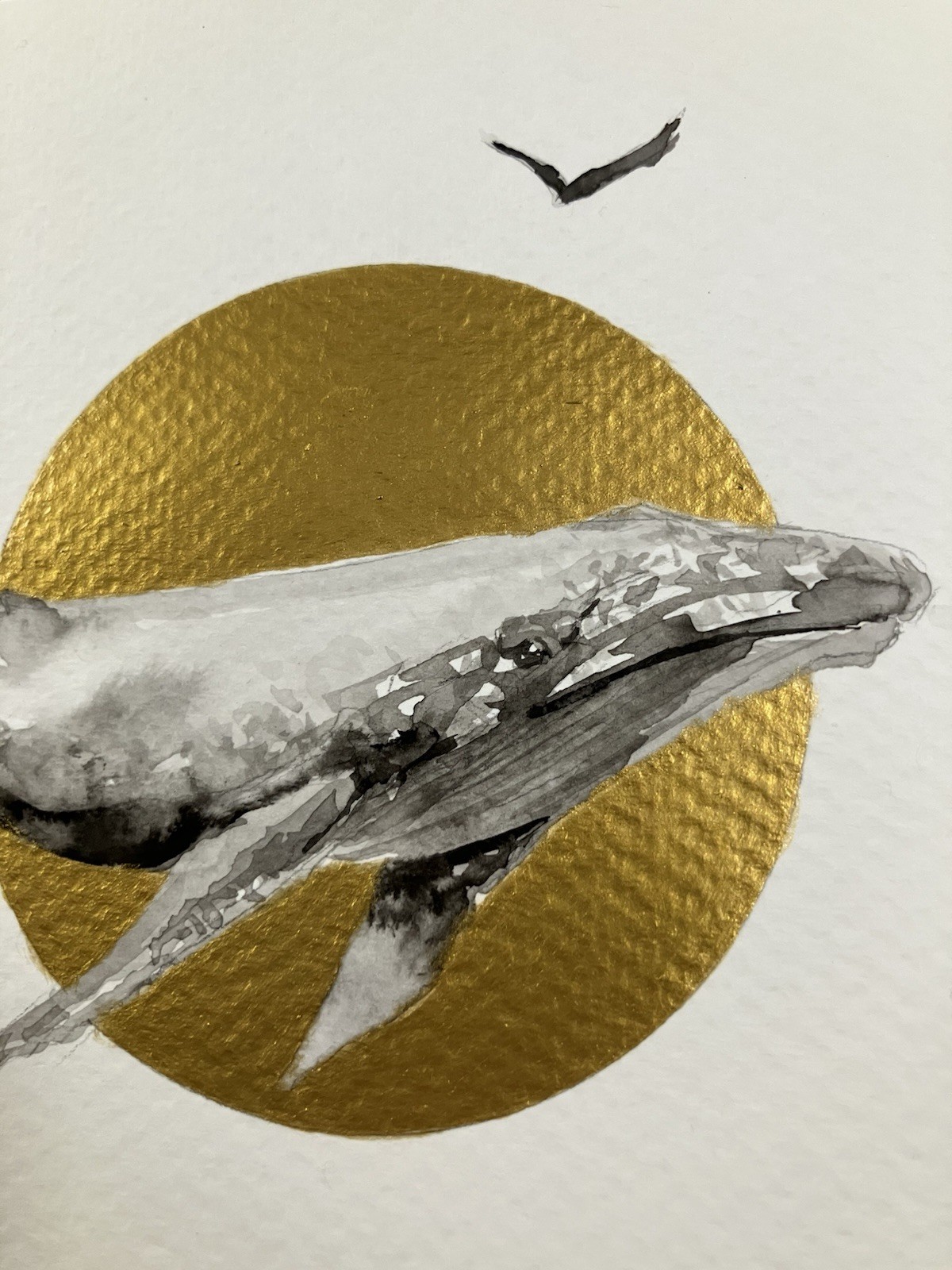 ORIGINAL Whale Sunset Painting realism Ocean Art Sumi-e Ink Gold Artwork EAE USA