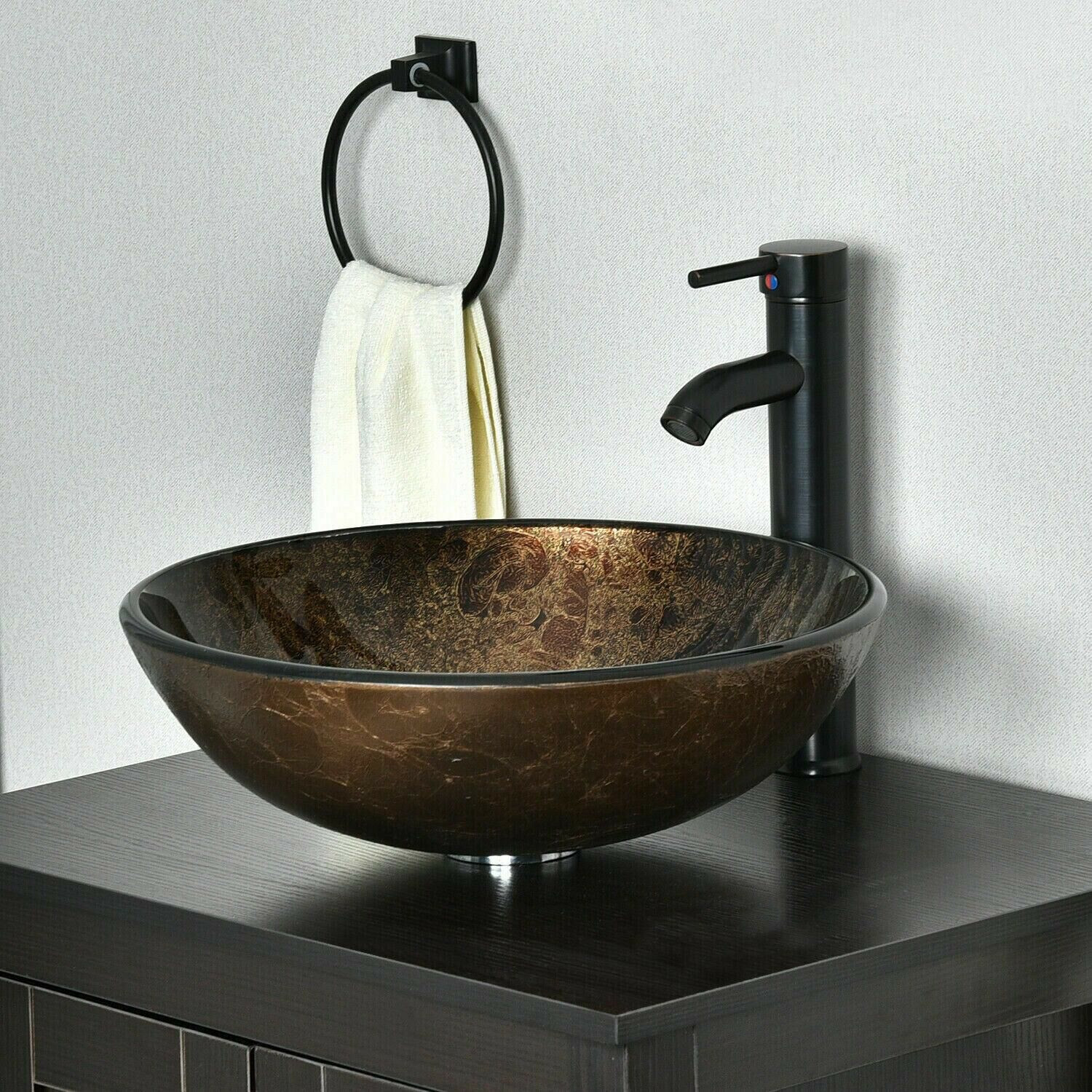 Bathroom Tempered Glass Vessel Sink Counter Pop Up Drain Basin ORB Faucet Bowl