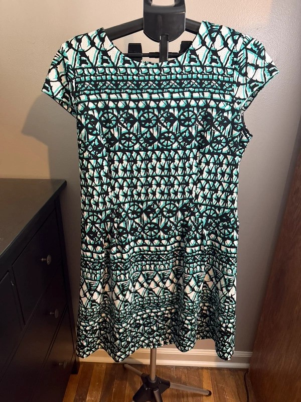 ECI New York Teal Black Print Dress Size 14