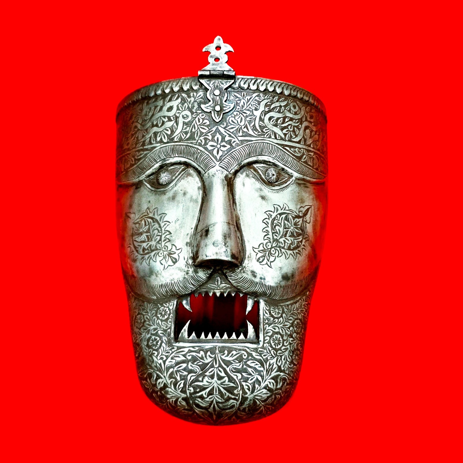 VINTAGE IRON MUGHAL INDO PERSIAN ISLAMIC WARRIOR'S FACE MASK ARABIC INSCRIPTION