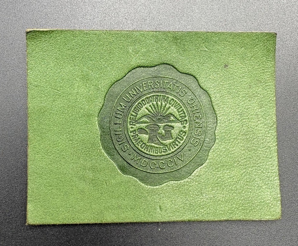 c1910 L20 Ohio University College Seal Tobacco Leather Antique Green Athens