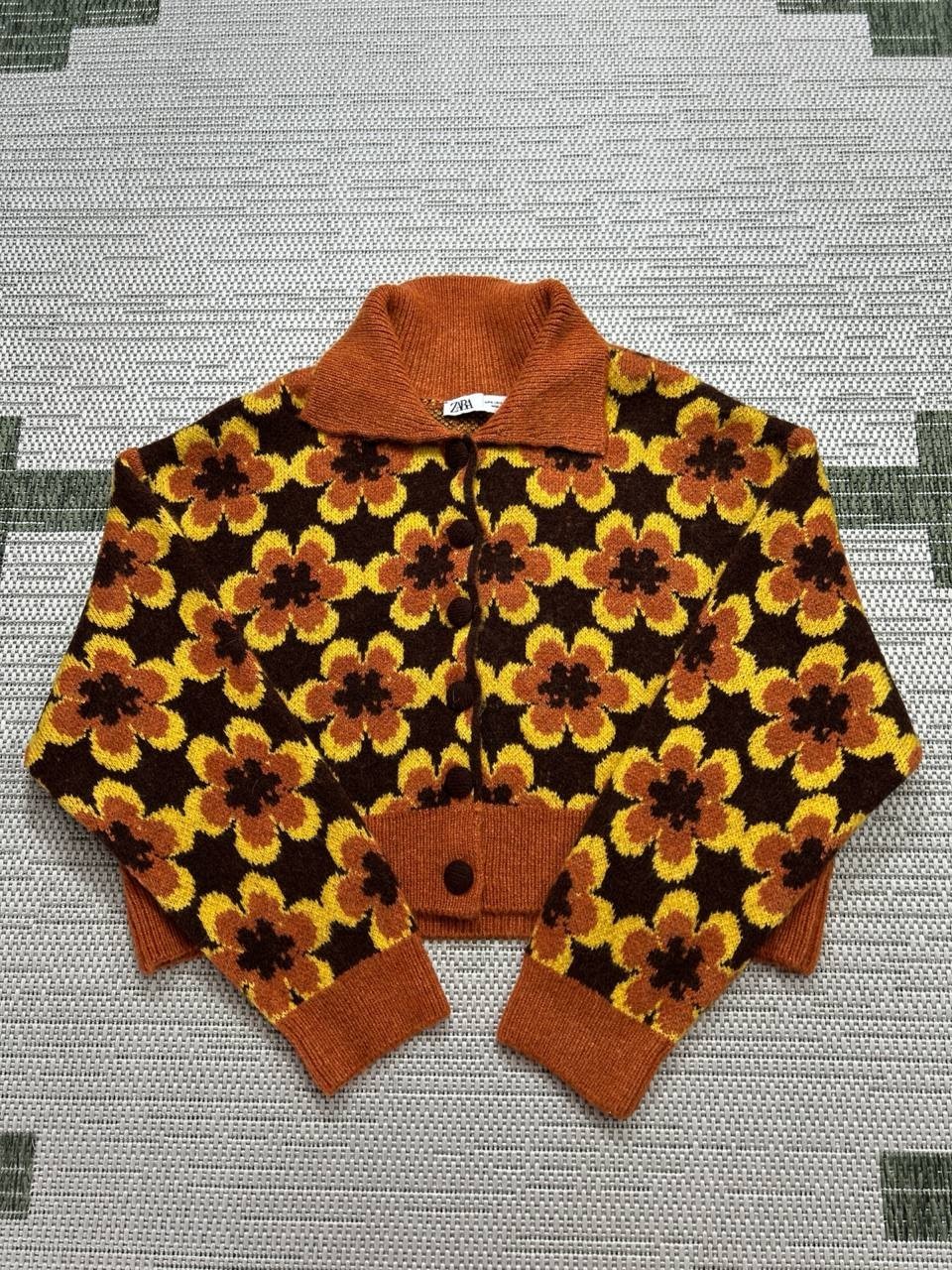Zara Sweater Womens Small Brown Yellow Knit Cardigan 