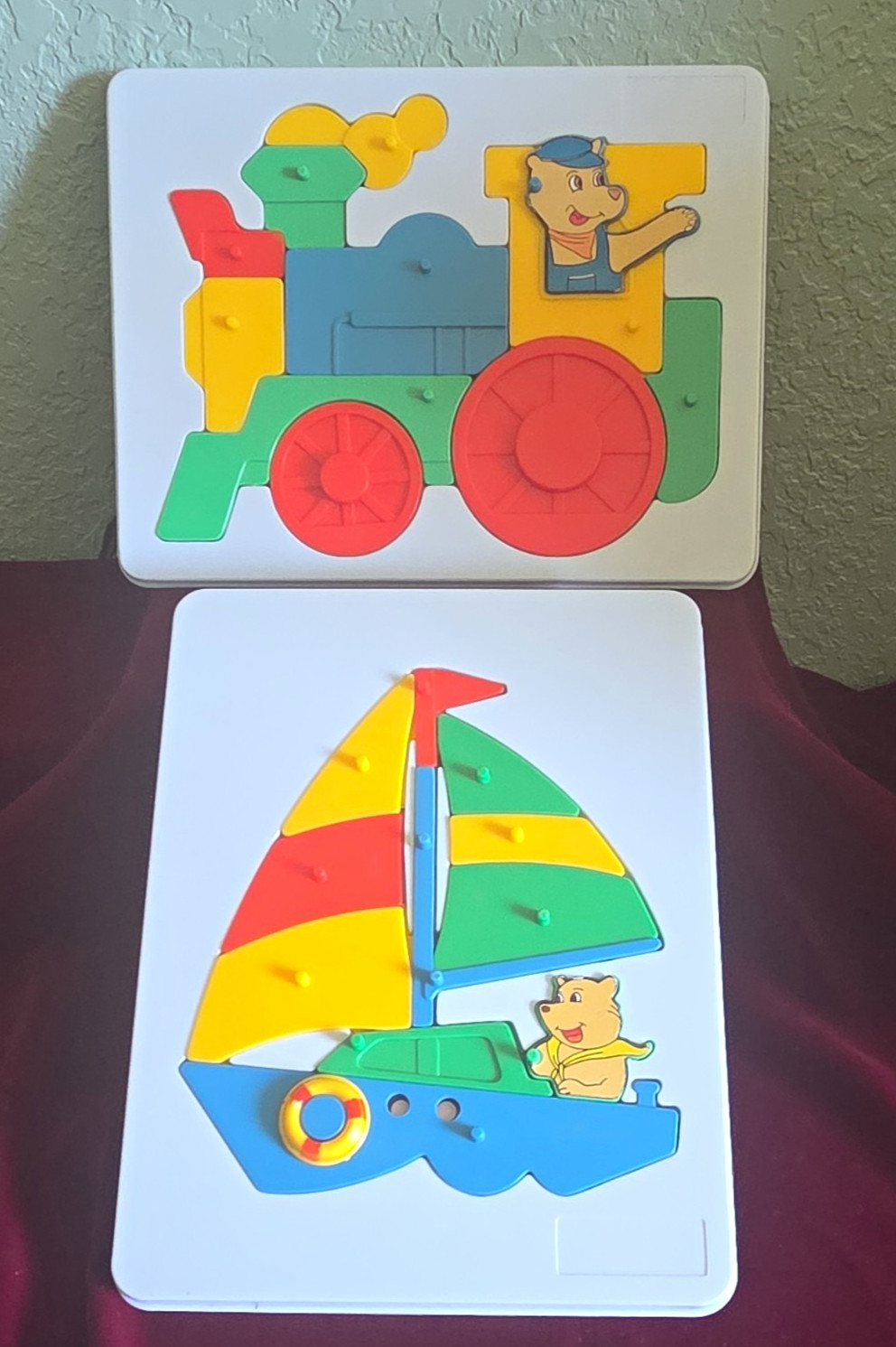 Vintage 1970s Plastic Peg Puzzles Set 2 Train Sailboat Bear Made in Hong Kong