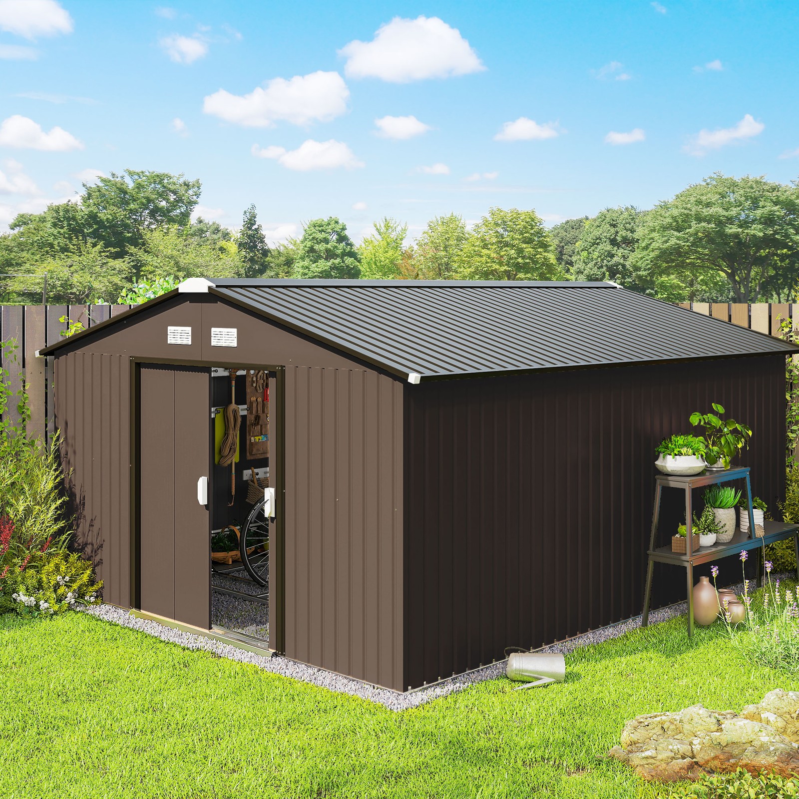 13\' x 11\' Steel Outdoor Utility Storage Tool Shed for Backyard Garden, Brown